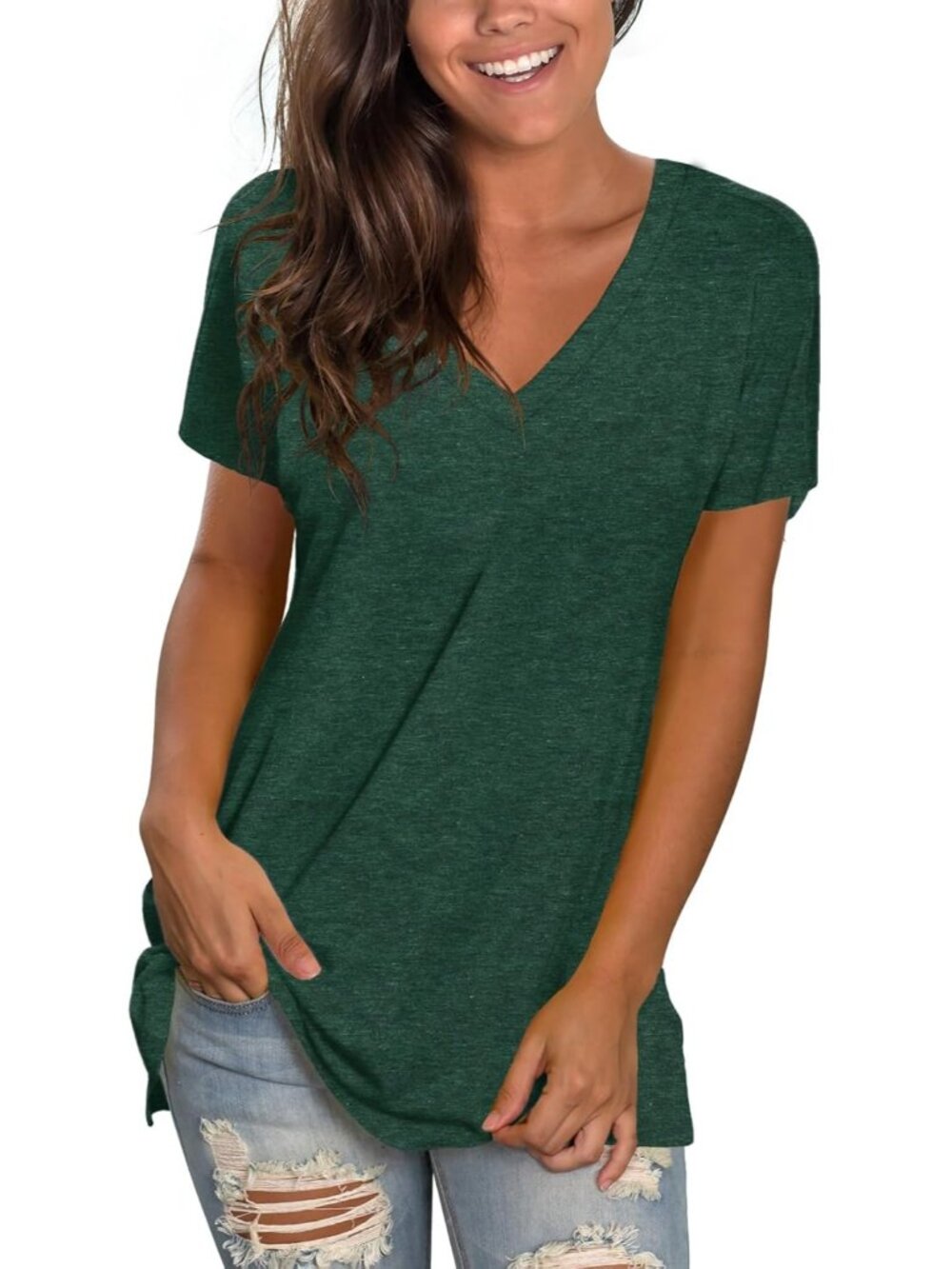 〽️Women Green Basic V Neck Tee Loose Fitting Casual Short Sleeve Tops T Shirt